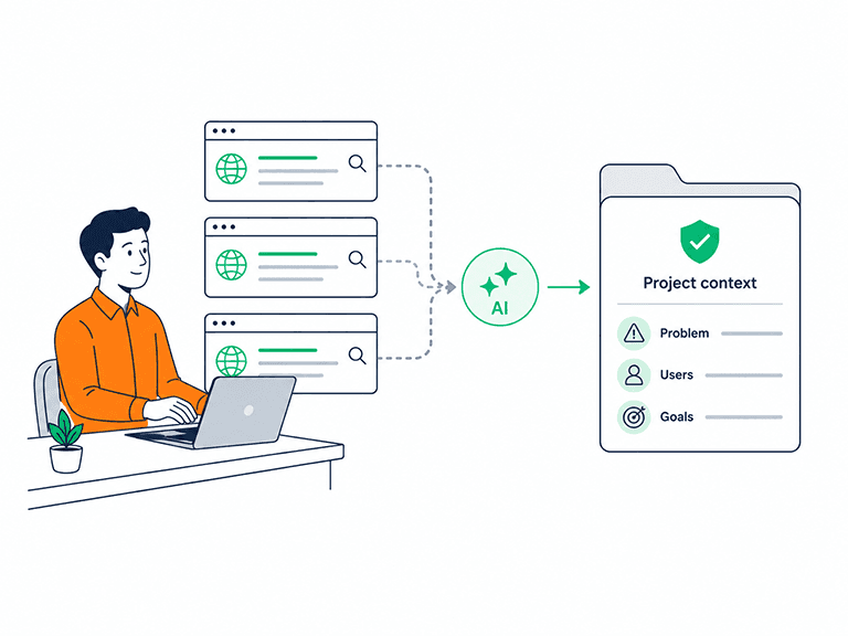 Web research passed through AI to propose the problem, users and goals for a project's context record