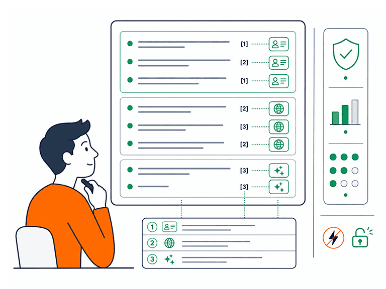 Claims grouped by origin: your project data, researched web sources and AI synthesis, each labelled in the document
