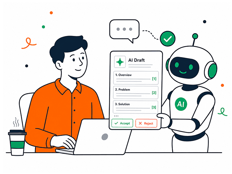 An AI draft card listing Overview, Problem and Solution sections with citations, and Accept or Reject buttons
