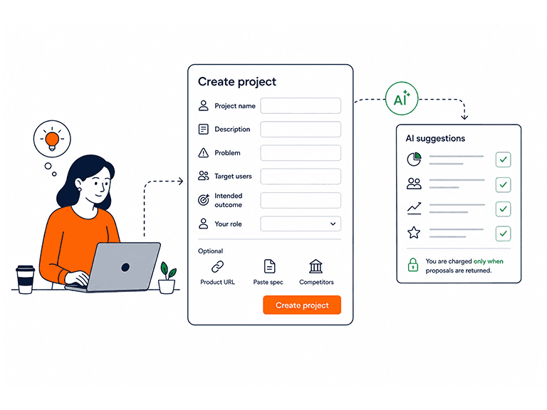 The Create project form asking for name, description, problem, target users, intended outcome and role, with optional AI suggestions