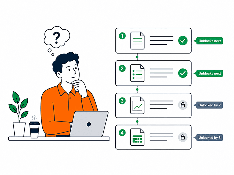 man sat at a laptop thinking what to work on next while looking at a sequence of documents showing whats needed-before and unblocks-next visible on every document