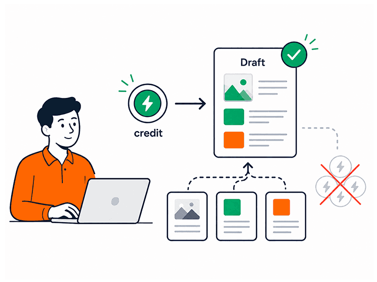 Credit spend producing a complete multi-section draft, with repeat charges crossed out