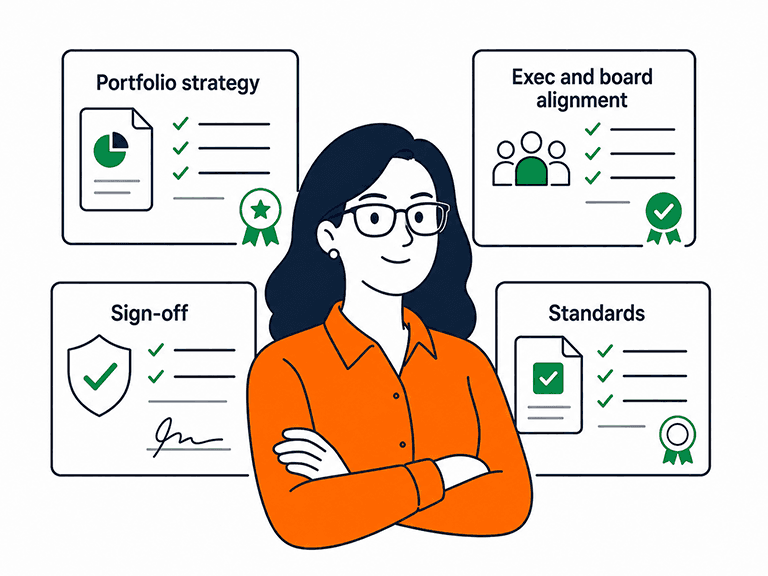 A woman in the role of head of product who is wearing glasses and behind her are certificates, each including the words portfolio strategy, exec and board alignment, sign-off, and standards