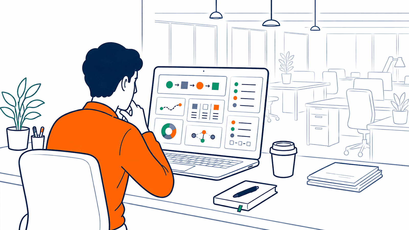 A product manager alone at a desk at night, looking at roadmaps and charts on screen