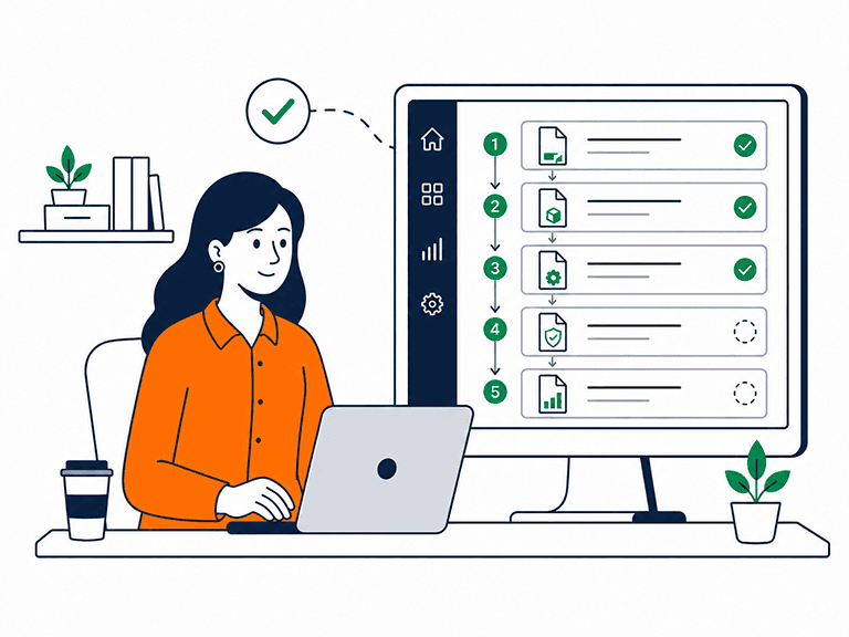 A image of a woman sat at a laptop looking at her entire gensudo product development lifecycle documents organise in one workspace