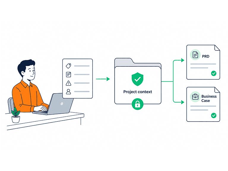 Project context captured once, then reused to produce both a PRD and a business case