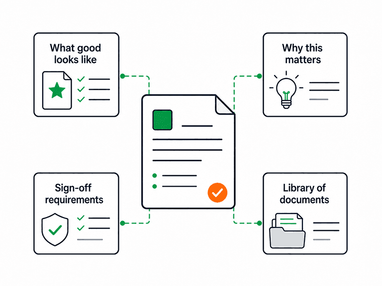 A gensudo document surrounded by four cards including what good looks like, why this matters, sign-off requirements and library of documents