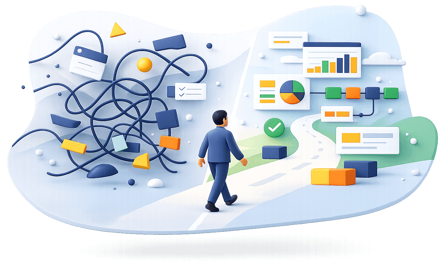 Illustration showing a path from tangled product delivery work to a clearer, structured workflow.