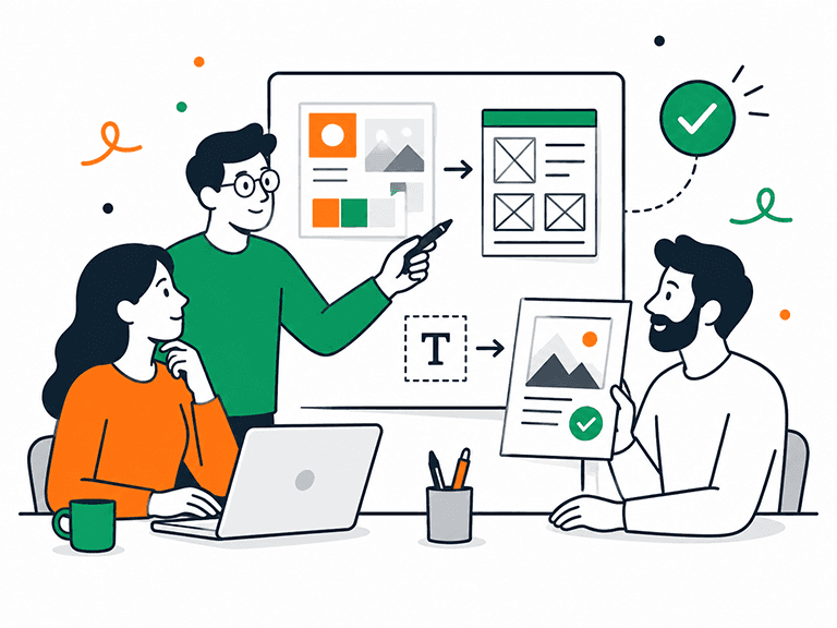 An agency team reviewing client wireframes and page layouts together and signing off an approved design