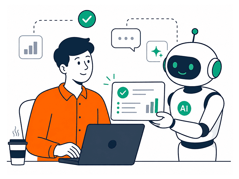 An AI assistant handing a product lead a checked summary with charts while they work