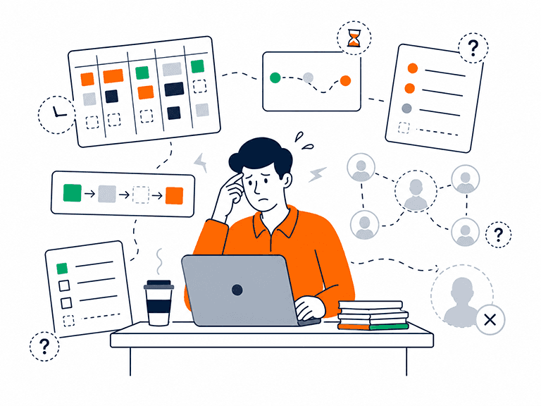 Product lead at a laptop surrounded by disconnected boards, roadmaps and checklists, with question marks over the next step