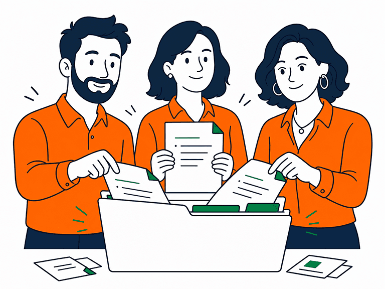 Product owner, product manager and creative director stood in front of a file, each taking a single document out each