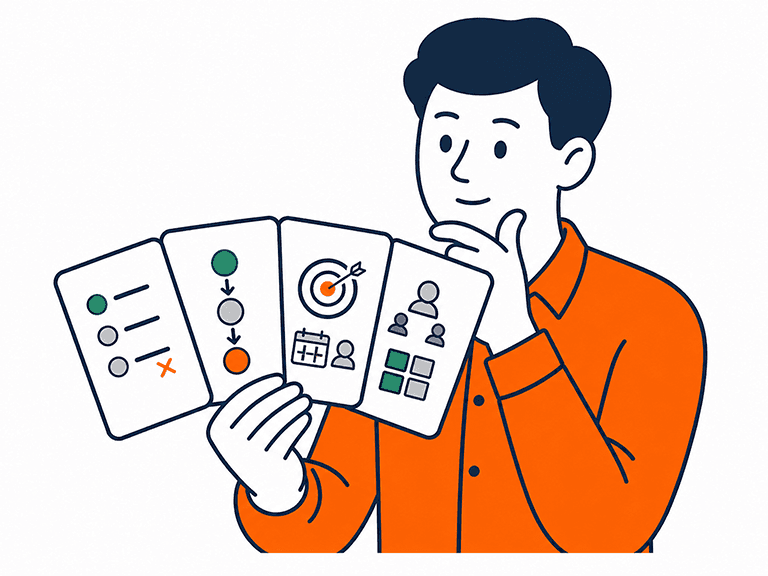 A man holding cards deciding what comes first, the order of work, how success will be measured, and who owns each.
