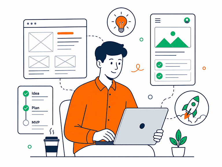 A founder at a laptop working through an Idea, Plan and MVP checklist alongside wireframes and a launch rocket