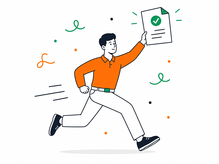 Product lead running while holding up a completed, approved document marked with a green tick