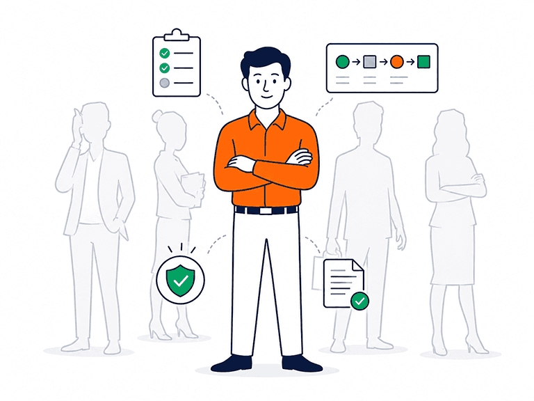 A solo product lead standing in front of an outlined team, backed by checklists, a workflow and an approved document