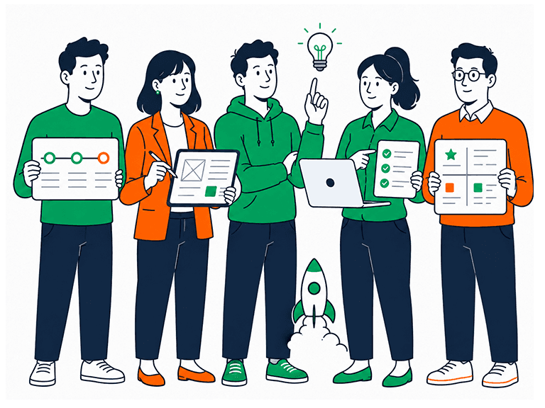 A product team each holding a different delivery artefact: a roadmap, a wireframe, a checklist and a prioritisation matrix