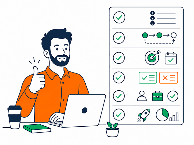 A man at a laptop ready to move on from the plan phase as his priorities are clearly ranked, roadmap shows the order, every objective has a measurable definition of success and more