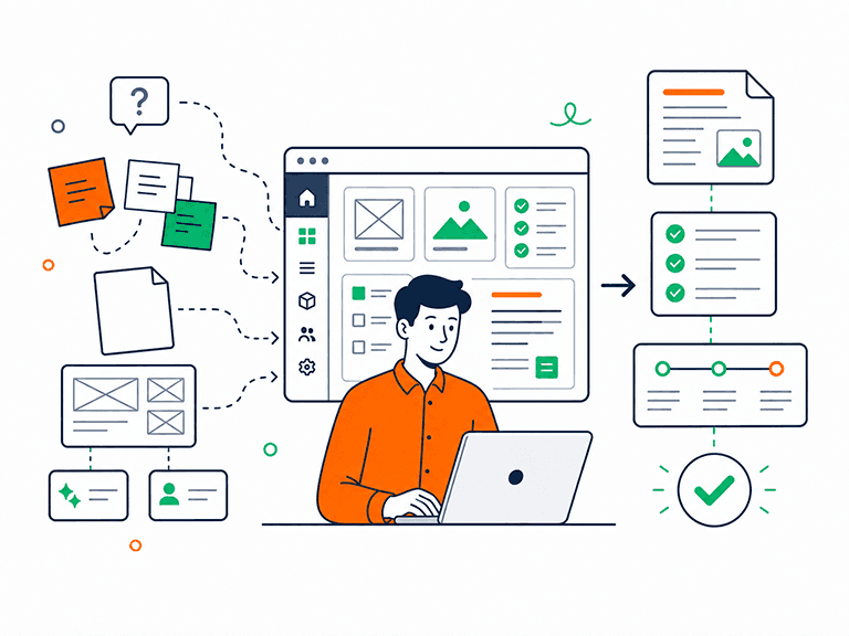 Scattered notes, files and wireframes pulled into one workspace and turned into finished, structured documents