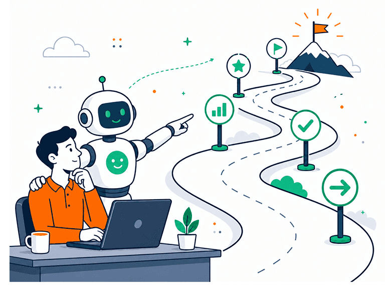 An AI assistant pointing out milestone signposts along a path to a goal on the summit, guiding each next step