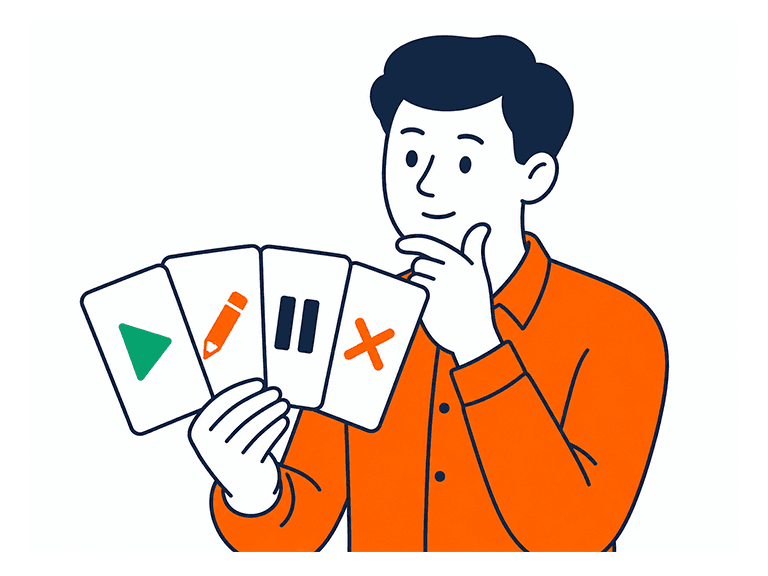 A man holding a set of cards that represent the validate outcomes including proceed, revise, pause and stop