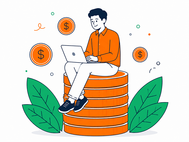 A product lead working on a laptop while seated on a stack of coins, representing venture funded teams