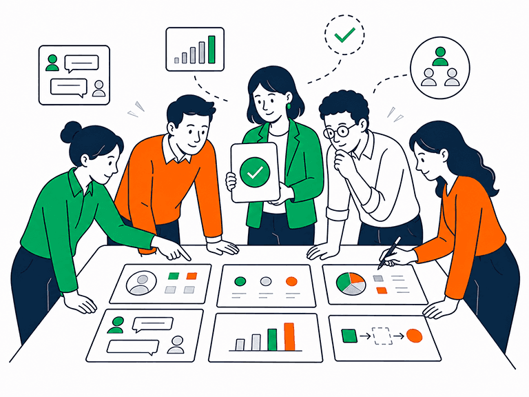 A group of product leads gathered around a table working out whether a problem is real, who has it and how much it matters, before making a decision about whether this problem is worth solving