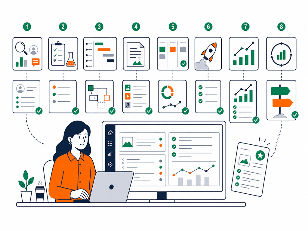 The eight product lifecycle stages, Discover to Scale or Sunset, each with the completed documents it produces